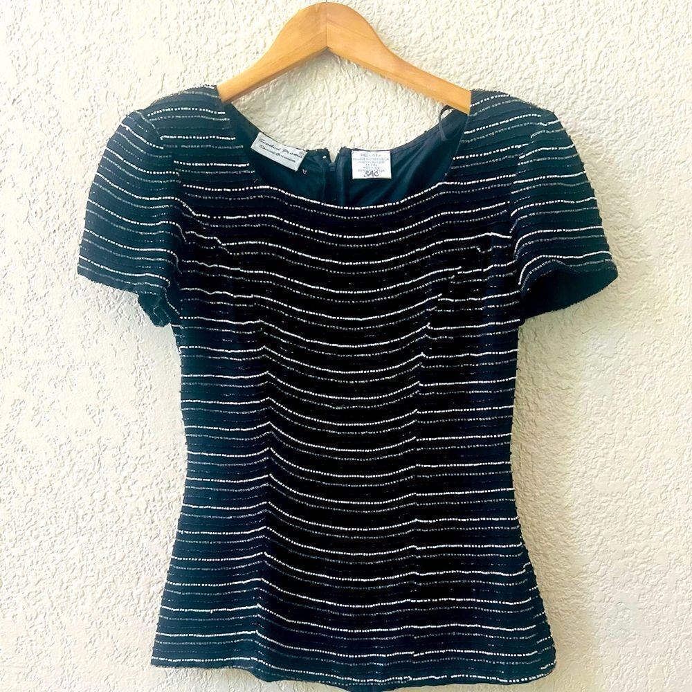 Beaded Drama Special Occasion Sequined Cocktail Top Sz S Blk White Tulip Sleeves